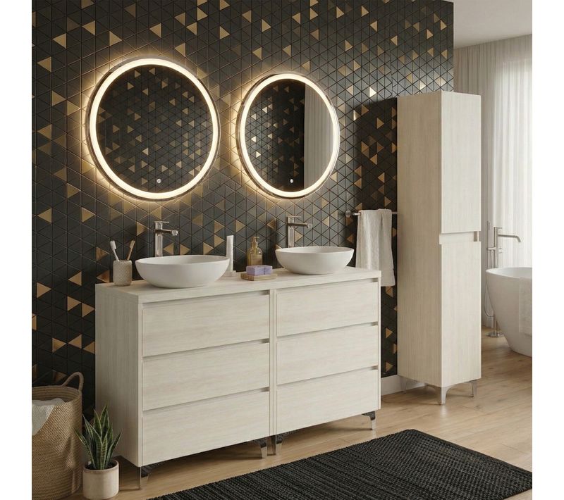 Ensemble Meuble Double Vasque à Poser L.120cm + 1 Colonne Sur Pied 6 Tiroirs Chêne Blanchi Lisbona