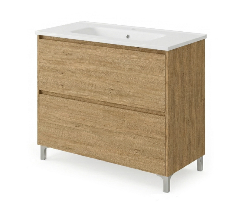 Meuble Vasque L.100cm Sur Pied 2 Tiroirs Chêne Naturel Lisbona - Sans Colonne
