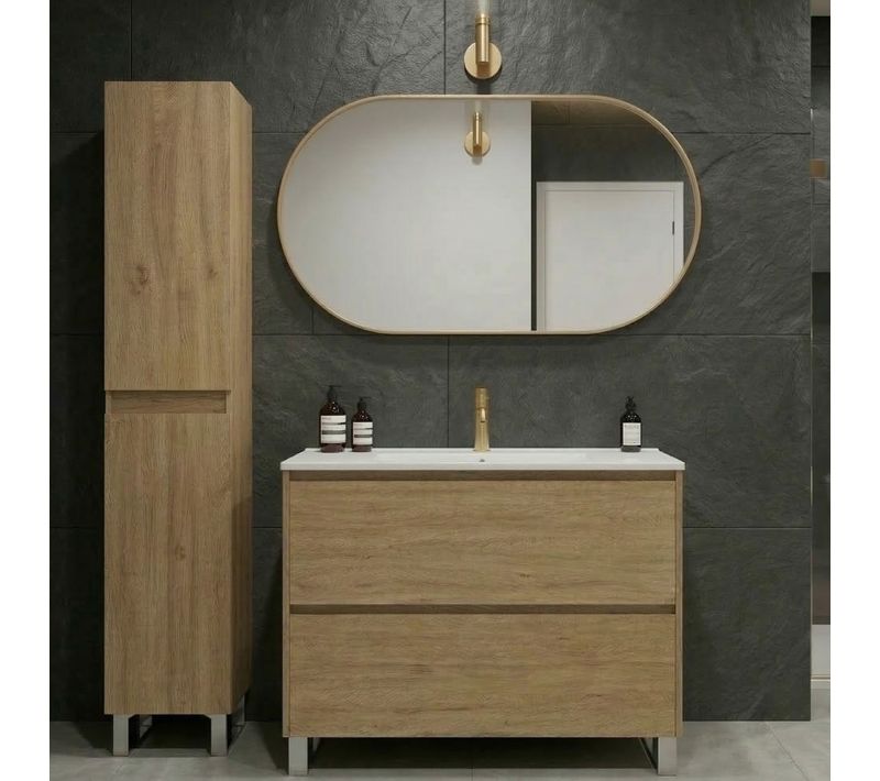 Ensemble Meuble Vasque L.100cm + 1 Colonne Sur Pied 2 Tiroirs Chêne Naturel Lisbona