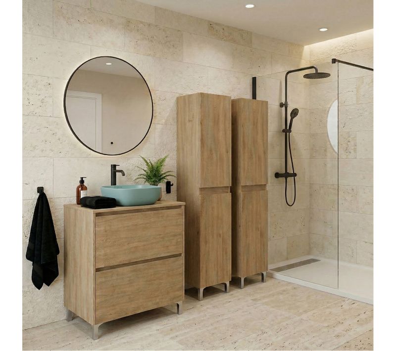 Ensemble Meuble Vasque à Poser L.60cm + 2 Colonnes Sur Pied 2 Tiroirs Chêne Naturel Lisbona