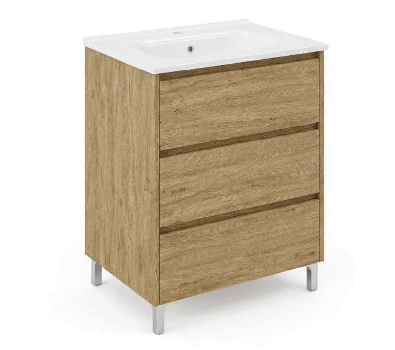 Meuble Vasque L.60cm Sur Pied 3 Tiroirs Chêne Naturel Lisbona - Sans Colonne