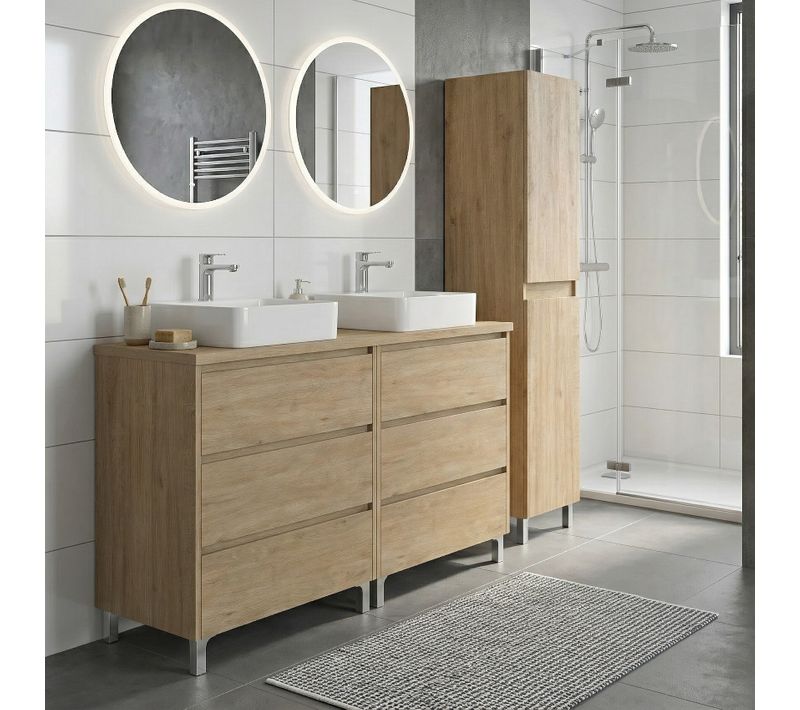 Ensemble Meuble Double Vasque à Poser L.120cm + 1 Colonne Sur Pied 6 Tiroirs Chêne Naturel Lisbona