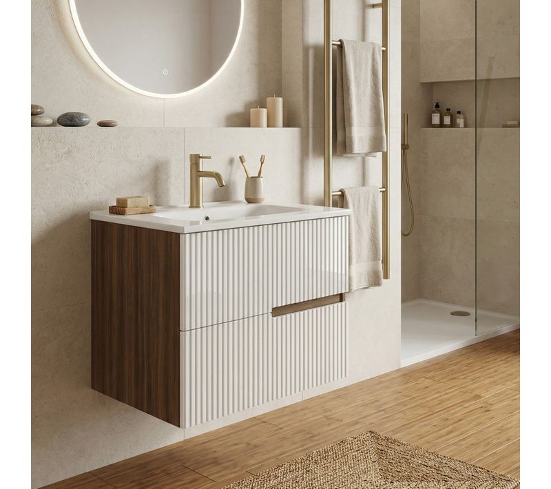 Meuble Simple Vasque L.60cm à Suspendre Chêne Moka 2 Tiroirs Blanc Brillant Cannelé Eva