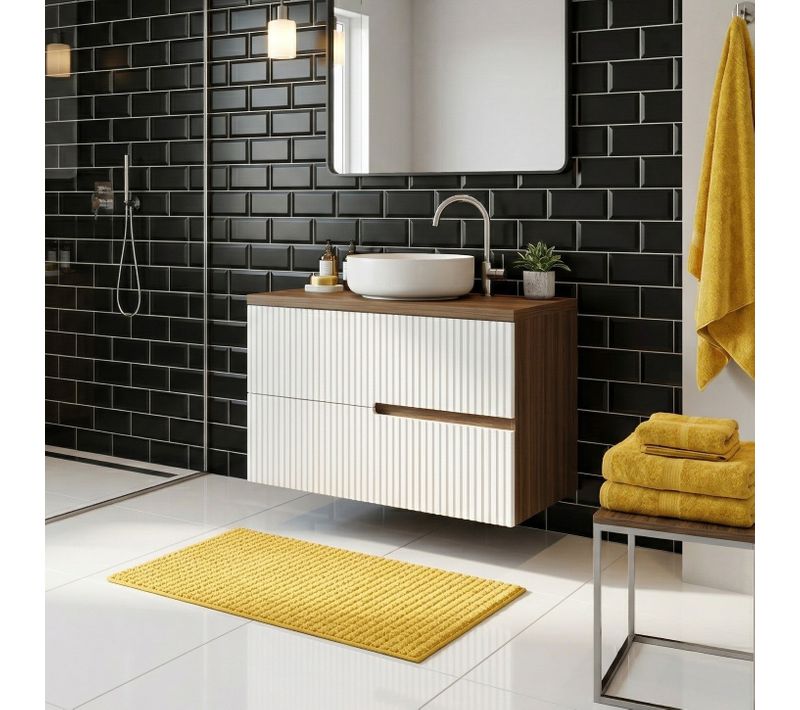 Meuble Vasque à Poser L.80cm Suspendu Chêne Moka 2 Tiroirs Blanc Brillant Cannelé Eva - Sans Colonne