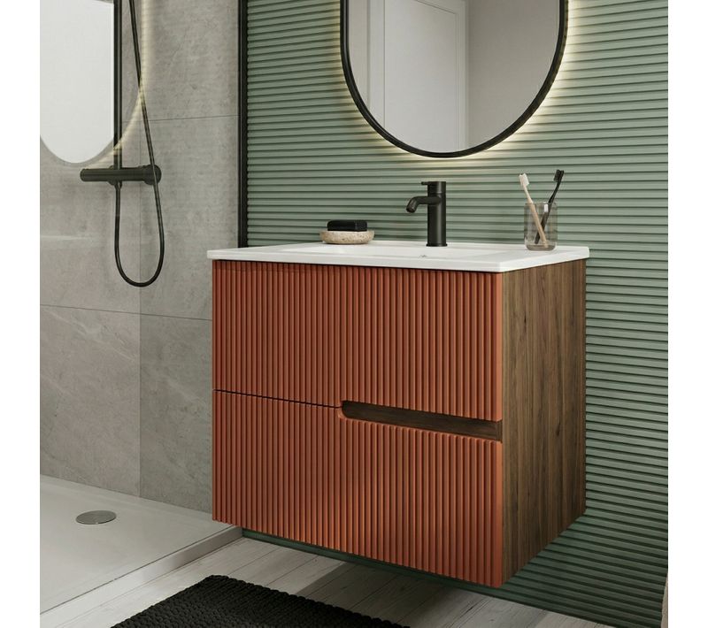 Meuble Simple Vasque L.60cm à Suspendre Chêne Moka 2 Tiroirs Brique Cannelé Eva
