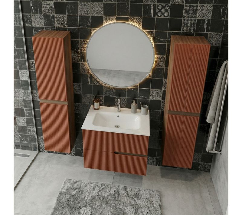 Meuble Simple Vasque L.60cm + 2 Colonnes à Suspendre Chêne Moka 2 Tiroirs Brique Cannelé Eva