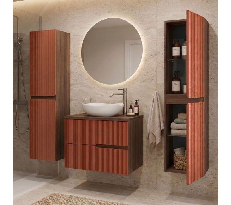 Meuble Vasque à Poser L.60cm + 2 Colonnes Suspendu Chêne Moka 2 Tiroirs Brique Cannelé Eva