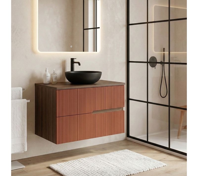 Meuble Vasque à Poser L.80cm Suspendu Chêne Moka 2 Tiroirs Brique Cannelé Eva - Sans Colonne
