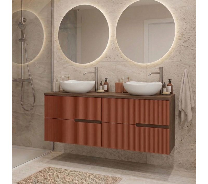Meuble Double Vasque à Poser L. 120 Cm Chêne Moka 4 Tiroirs Brique Cannelé Eva - Sans Colonne