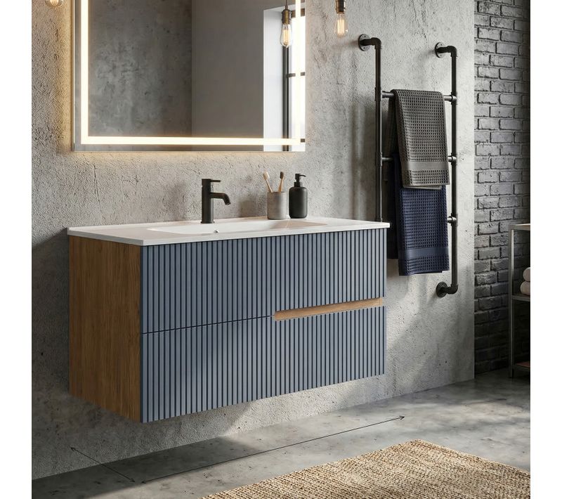 Meuble Simple Vasque L.100cm à Suspendre Chêne Naturel 2 Tiroirs Bleu Mer Cannelé Eva