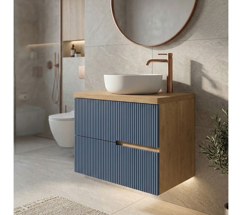 Meuble Vasque à Poser L.60cm Suspendu Chêne Naturel 2 Tiroirs Bleu Mer Cannelé Eva - Sans Colonne