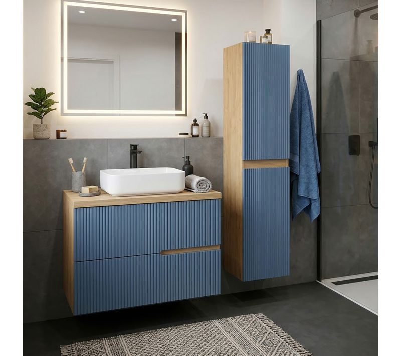 Meuble Vasque à Poser L.60cm + 1 Colonne Suspendu Chêne Naturel 2 Tiroirs Bleu Mer Cannelé Eva