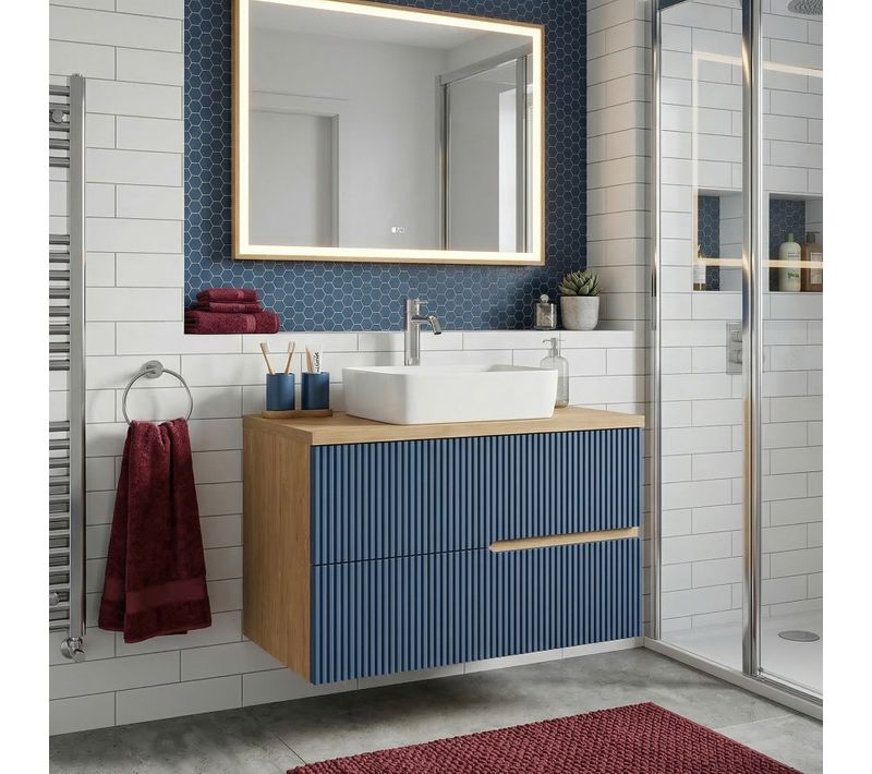 Meuble Vasque à Poser L.80cm Suspendu Chêne Naturel 2 Tiroirs Bleu Mer Cannelé Eva - Sans Colonne