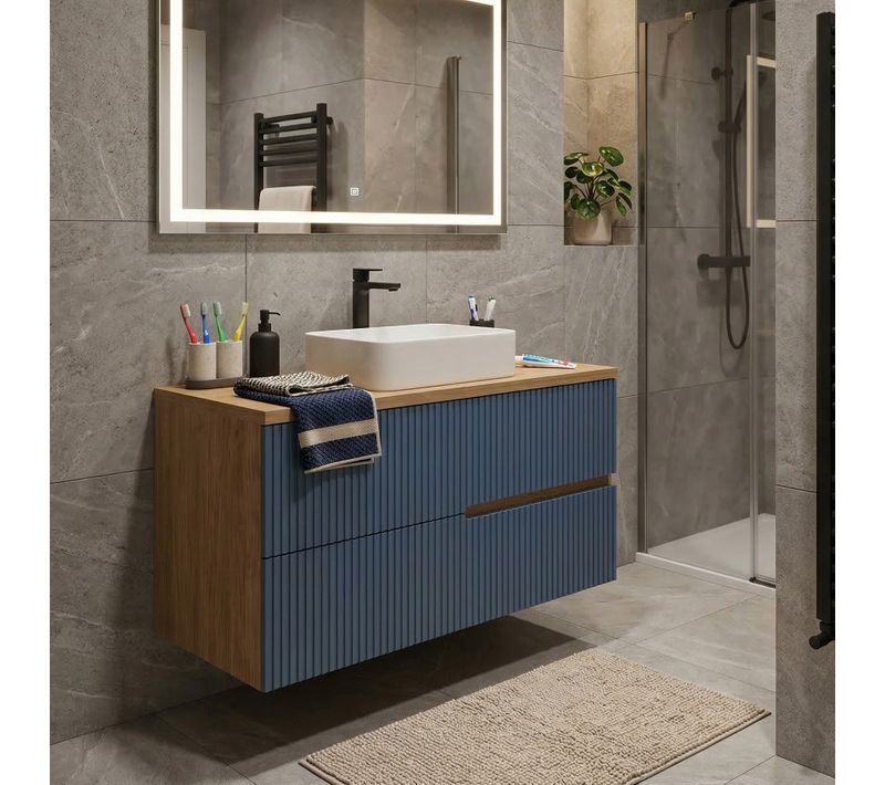 Meuble Vasque à Poser L.100cm Suspendu Chêne Naturel 2 Tiroirs Bleu Mer Cannelé Eva - Sans Colonne