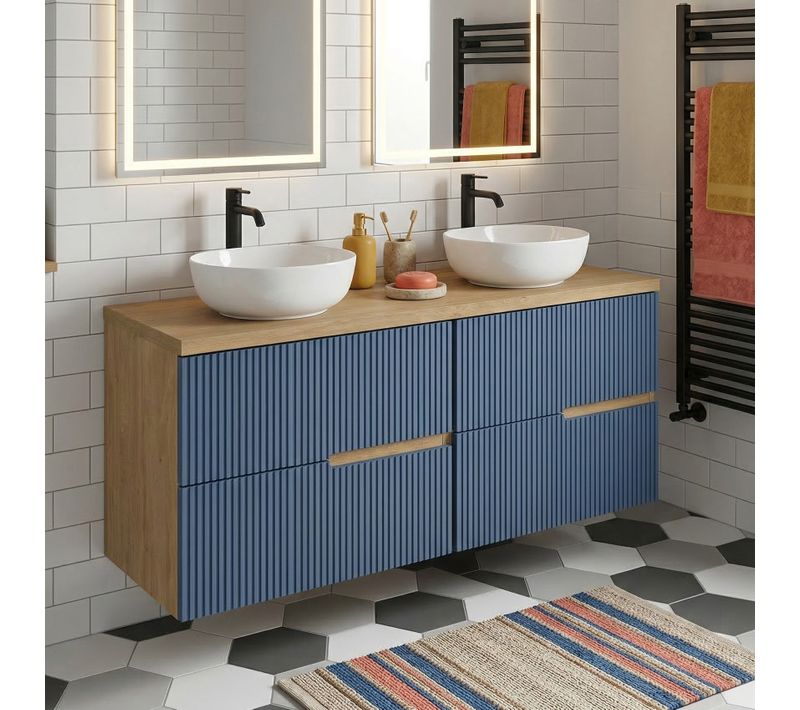 Meuble Double Vasque à Poser L. 120 Cm Chêne Naturel 4 Tiroirs Bleu Mer Cannelé Eva - Sans Colonne