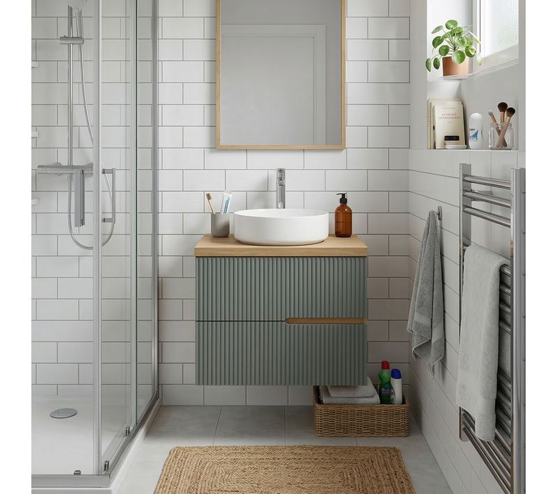 Meuble Vasque à Poser L.60cm Suspendu Chêne Naturel 2 Tiroirs Vert Sauge Cannelé Eva - Sans Colonne