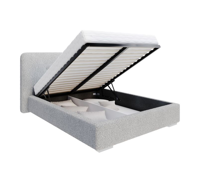 Lit Coffre Bedretto 160 X 200 Cm - Tissu Bouclette - Avec Sommier à Lattes Relevable Gris Clair