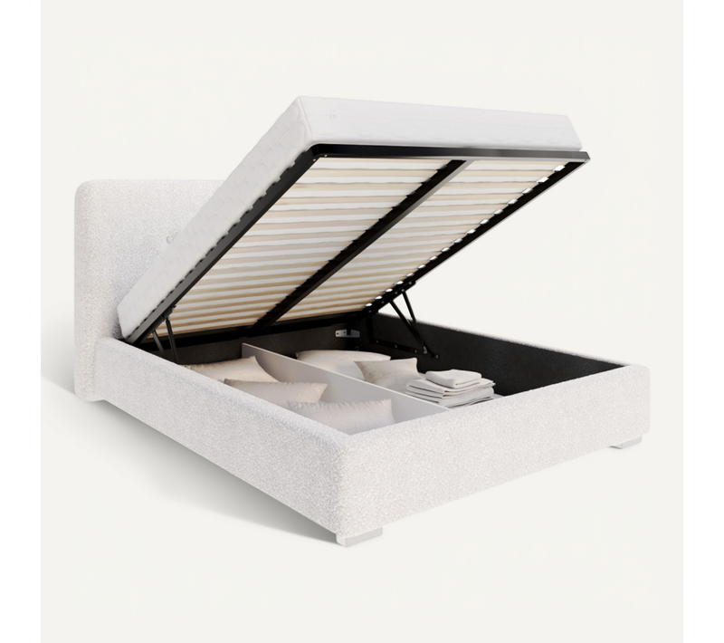 Lit Coffre Bedretto 160 X 200 Cm - Tissu Bouclette - Avec Sommier à Lattes Relevable Blanc