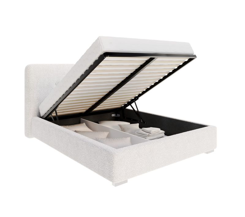 Lit Coffre Bedretto 140 X 190 Cm - Tissu Bouclette - Avec Sommier à Lattes Relevable Blanc