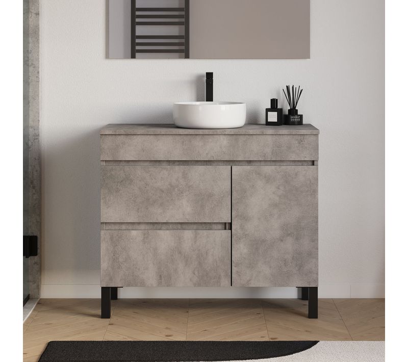 Meuble Salle De Bain 100cm, Plateau/vasque - Porte/tiroirs - Sans Miroir - Ciment - Lazaro