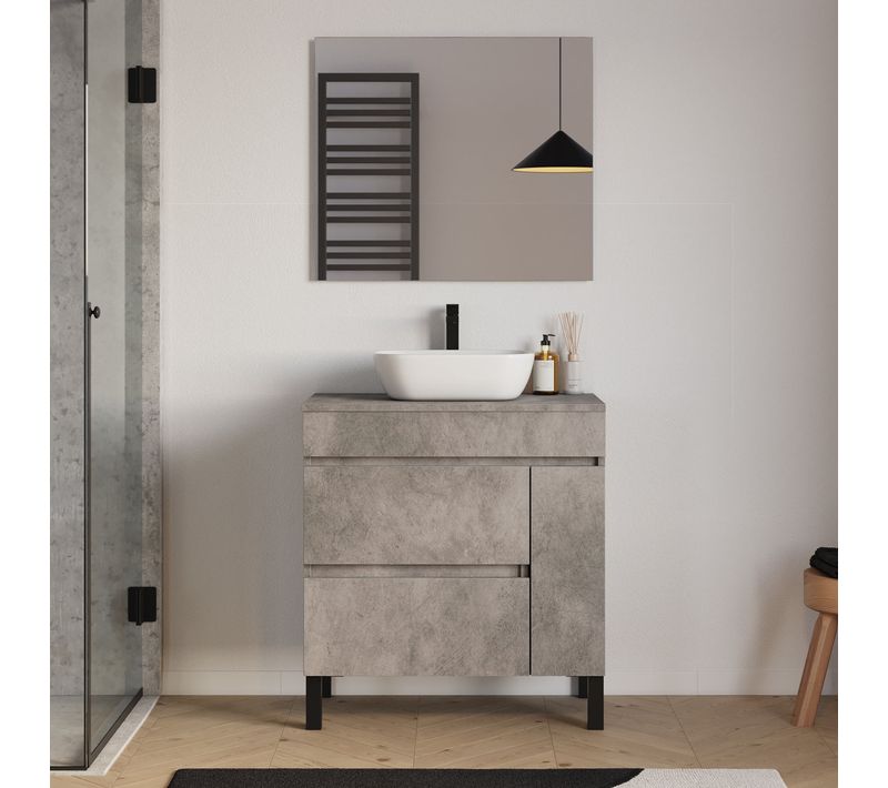 Meuble Salle De Bain 80cm, Plateau/vasque - Porte/tiroirs - Ciment - Lazaro