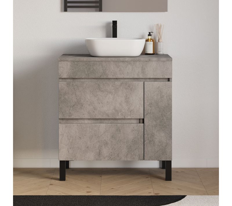 Meuble Salle De Bain 70cm, Plateau/vasque - Porte/tiroirs - Sans Miroir - Ciment - Lazaro
