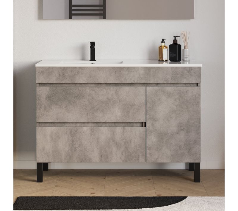 Meuble Salle De Bain 120cm Pieds, Vasque À Gauche - Sans Miroir - Porte/tiroirs - Ciment - Lazaro