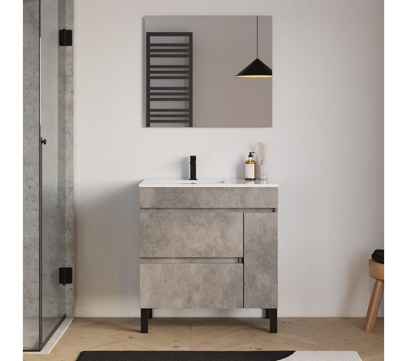 Meuble Salle De Bain 80cm Sur Pieds, Vasque À Gauche, Porte/tiroirs - Ciment - Lazaro