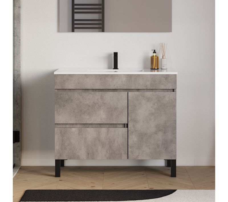 Meuble Salle De Bain 100cm Simple Vasque Sur Pieds, Porte/tiroirs - Sans Miroir - Ciment - Lazaro