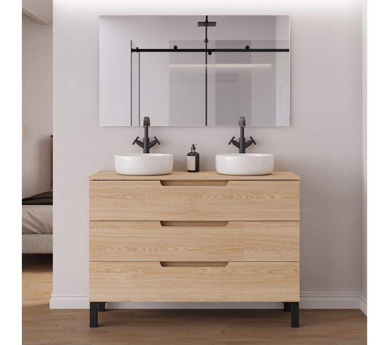 Meuble De Salle De Bain 120cm Avec Plateau Et 2 Vasques Rondes - 3 Tiroirs - Roble Era - Riza