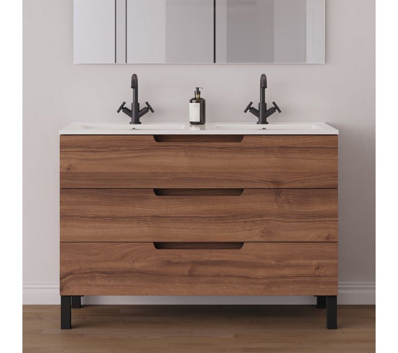 Meuble De Salle De Bain 120cm Double Vasque - 3 Tiroirs - Sans Miroir - Noyer (bois Foncé) - Riza
