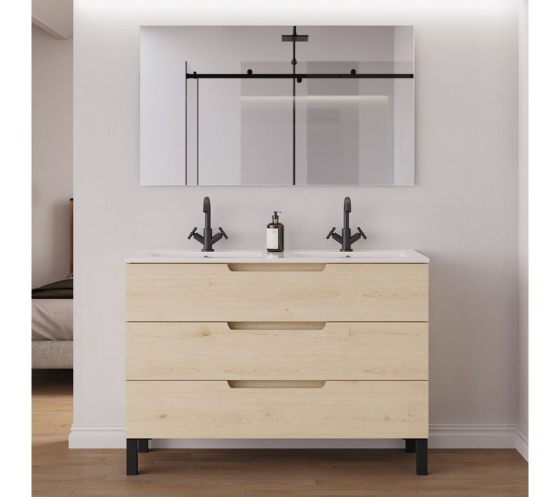 Meuble De Salle De Bain 120cm Double Vasque - 3 Tiroirs - Roble Calima (bois Clair) - Riza
