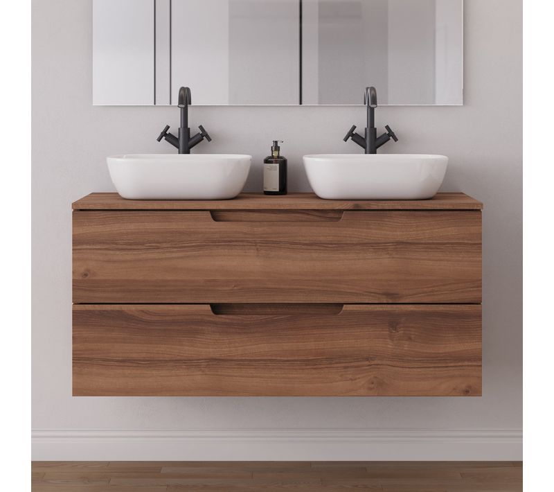 Meuble Salle De Bain 120cm Plateau Et 2 Vasques À Poser - 2 Tiroirs - Sans Miroir - Noyer - Sonriza