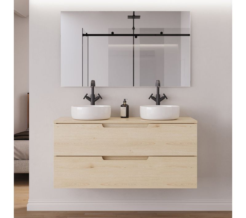 Meuble Salle De Bain 120cm Plateau Et 2 Vasques À Poser Rondes - 2 Tiroirs - Roble Calima - Sonriza