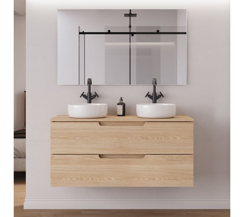Meuble De Salle De Bain 120cm Plateau Et 2 Vasques À Poser Rondes - 2 Tiroirs - Roble Era - Sonriza