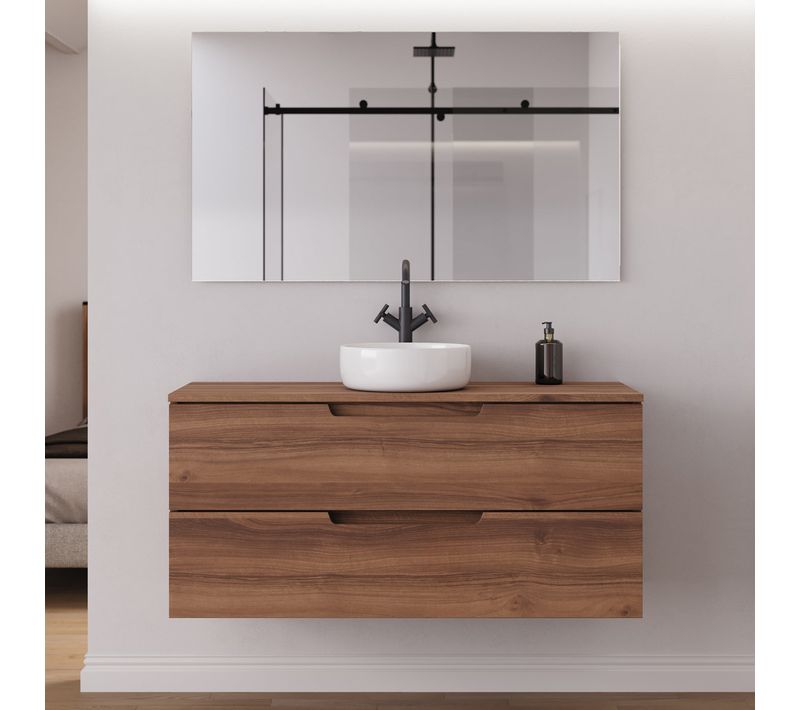 Meuble De Salle De Bain 120cm Plateau Et Vasque À Poser Ronde - 2 Tiroirs - Noyer - Sonriza