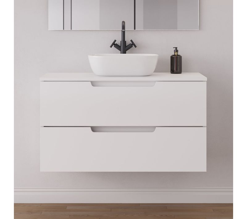 Meuble De Salle De Bain 90cm Plateau/vasque À Poser - 2 Tiroirs - Sans Miroir - Blanc Mat - Sonriza