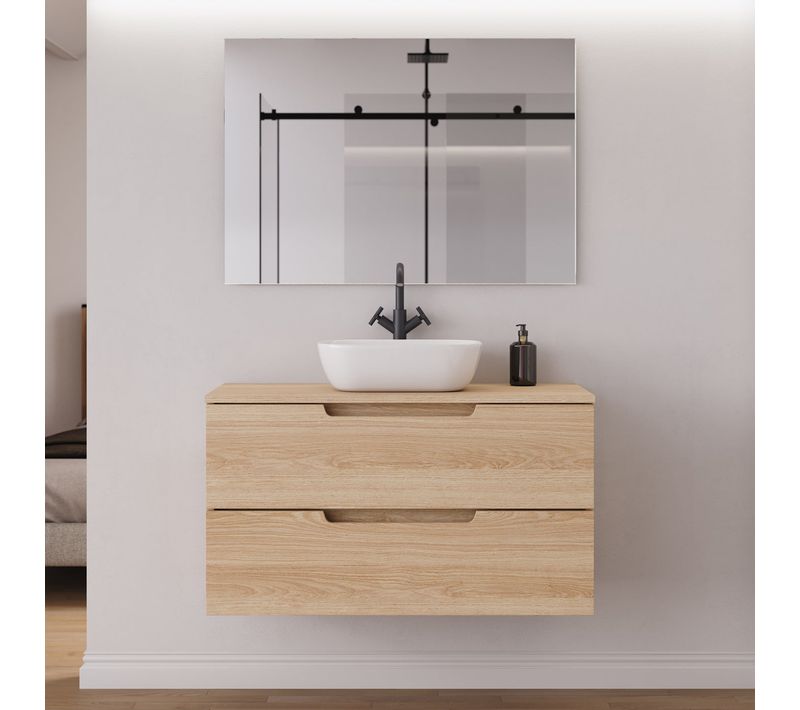 Meuble De Salle De Bain 90cm Plateau Et Vasque À Poser Arrondie - 2 Tiroirs - Roble Era - Sonriza