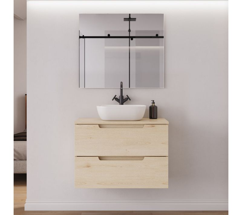 Meuble De Salle De Bain 80cm Plateau Et Vasque À Poser Arrondie - 2 Tiroirs - Roble Calima - Sonriza