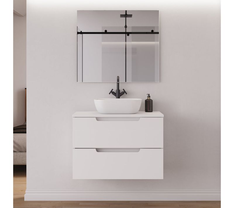 Meuble De Salle De Bain 60cm Plateau Et Vasque À Poser Arrondie - 2 Tiroirs - Blanc Mat - Sonriza