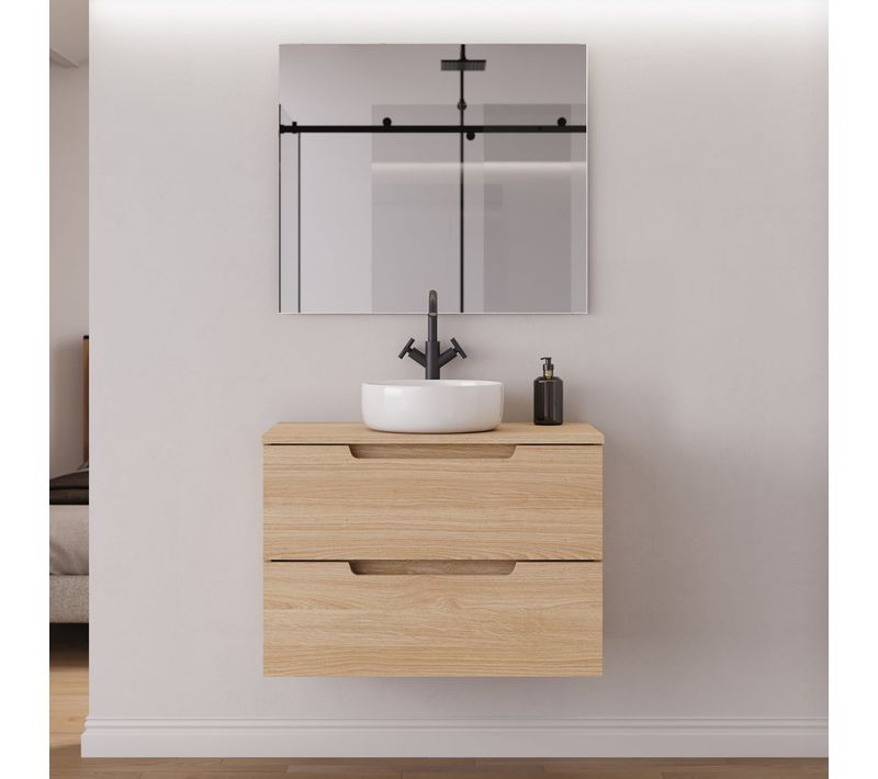 Meuble De Salle De Bain 60cm Plateau Et Vasque À Poser Ronde - 2 Tiroirs - Roble Era - Sonriza