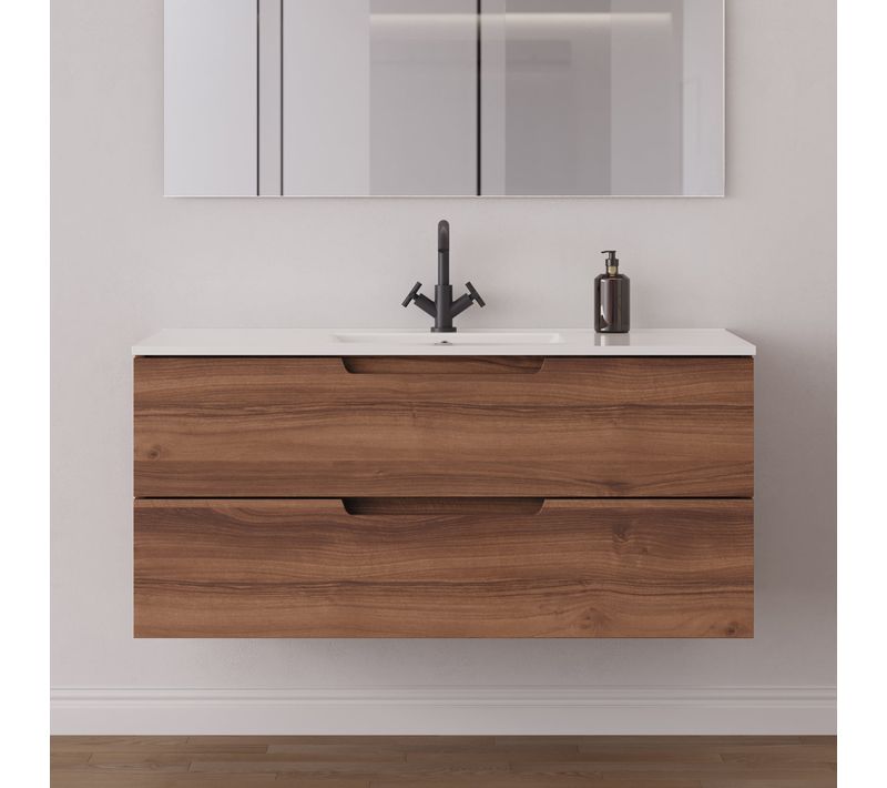 Meuble De Salle De Bain 120 Cm Simple Vasque - 2 Tiroirs - Sans Miroir - Noyer - Sonriza