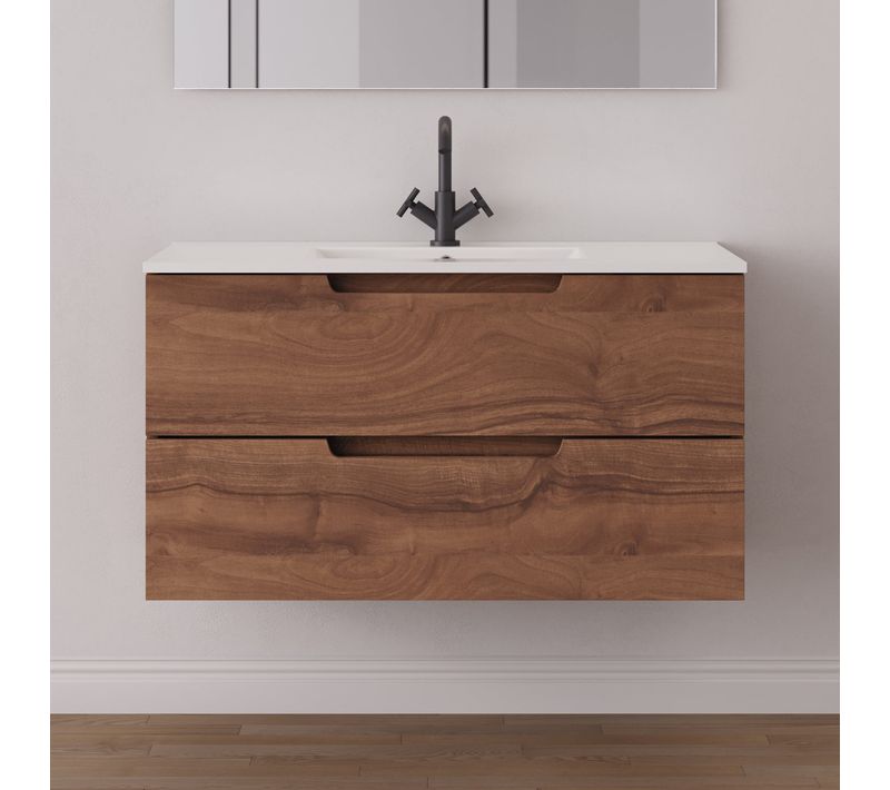 Meuble De Salle De Bain 100cm Simple Vasque - 2 Tiroirs - Sans Miroir - Noyer - Sonriza