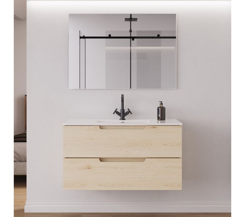 Meuble De Salle De Bain 90cm Simple Vasque - 2 Tiroirs - Roble Calima - Sonriza