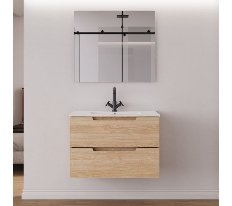 Meuble De Salle De Bain 80cm Simple Vasque - 2 Tiroirs - Roble Era - Sonriza