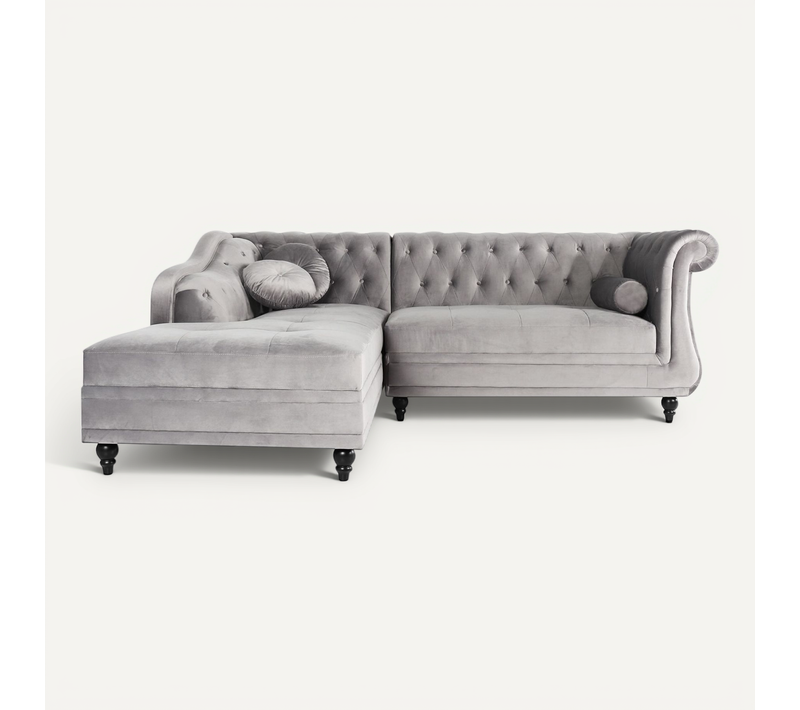 Canapé D'angle Gauche Empire Velours Argent Style Chesterfield