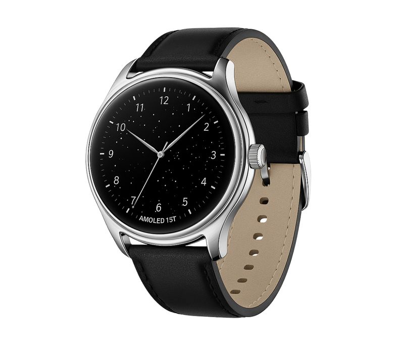 Montre Connectée Sportive Et Classique, Écran Amoled 1,57'' Tactile, Bracelet Cuir Noir, Bluetooth,