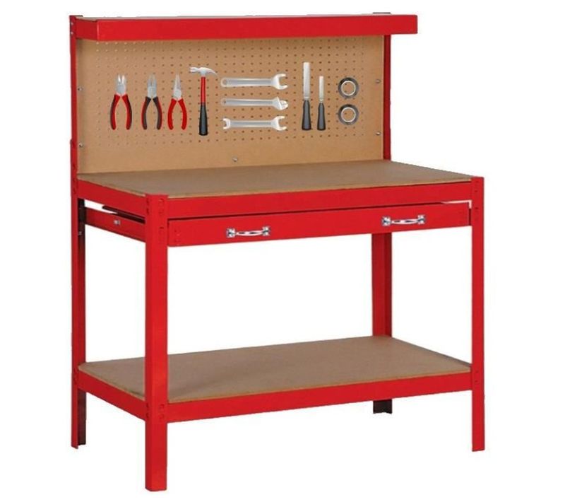 Etabli Acier 90x40x104 Cm - Plateau Mdf 12 Mm, Tiroir Coulissant, 100 Kg, Rouge