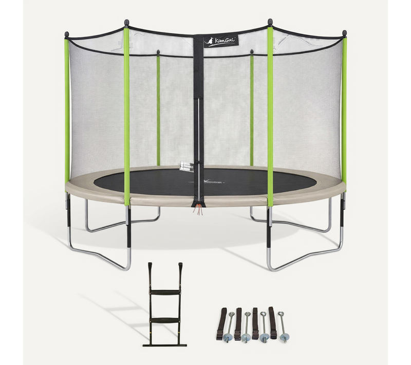 Trampoline D. 430 cm + Filet + échelle + Kit D'ancrage - Jumpi 430 - Taupe/vert