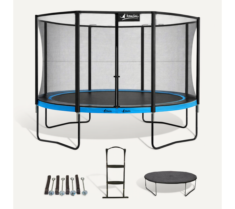 Trampoline D. 430cm + Filet + échelle + Bâche + Kit Ancrage - Punchi 430 Bleu